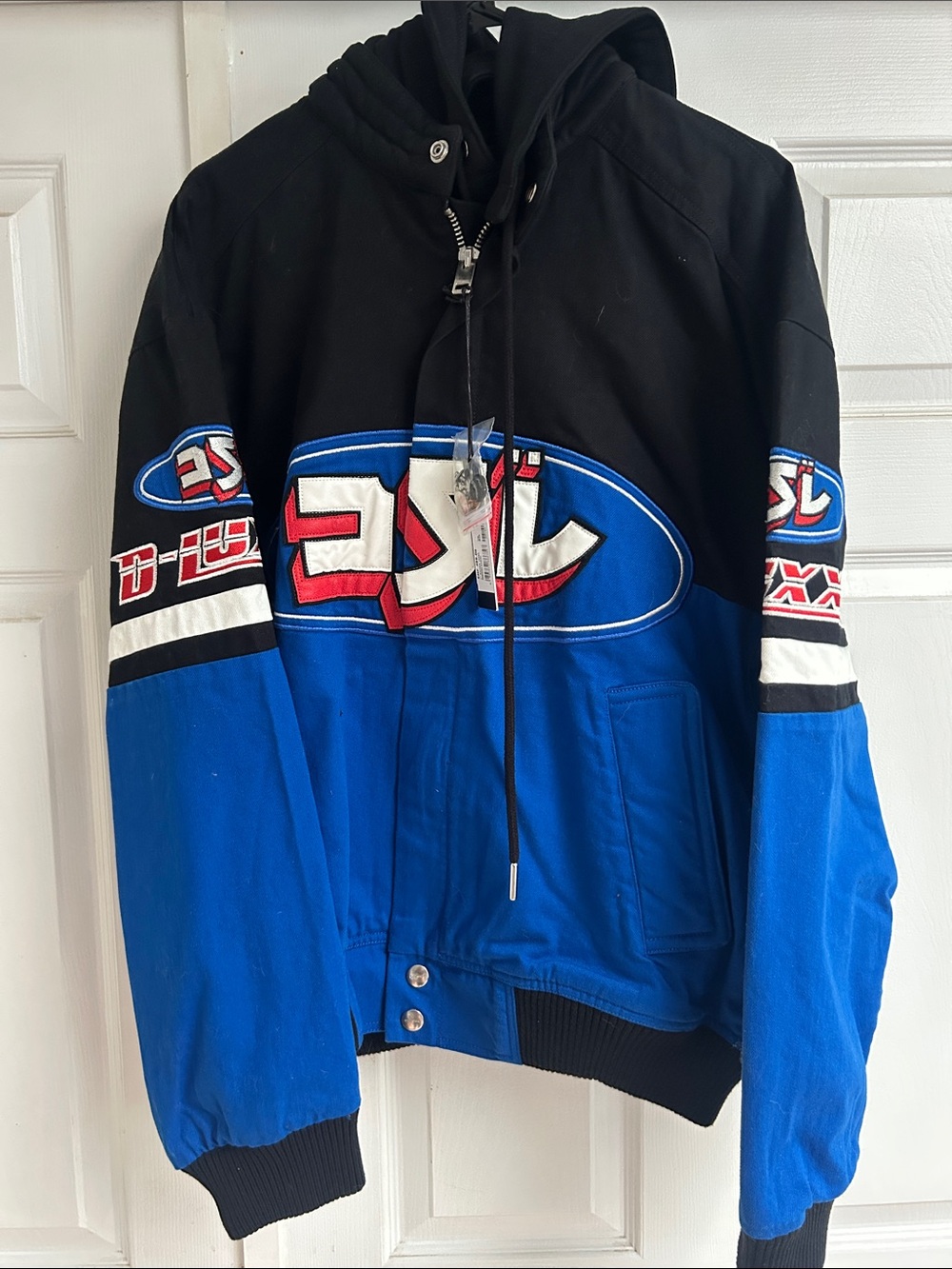 Diesel Black and Royal Blue Hooded Racing Jacket with Graphic Logo